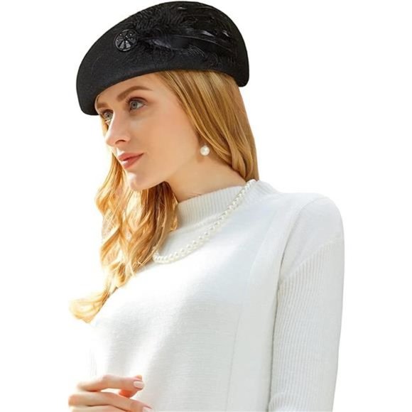 Women Vintage 100% Wool Felt Flowers Bucket Cloche Bowler Hat Black